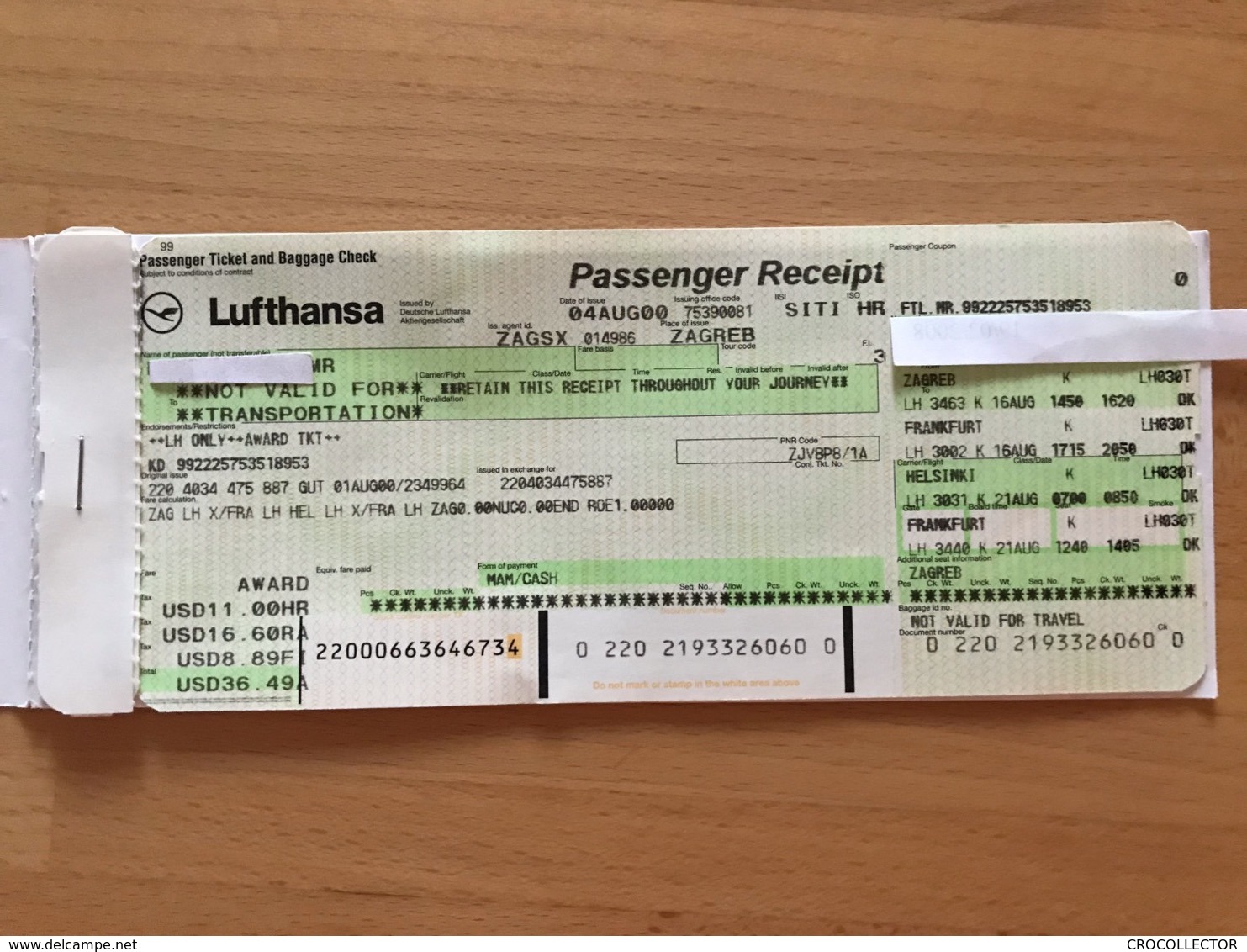 LUFTHANSA AWARD TICKET 16AUG00 ZAGREB FRANKFURT HELSINKI FRANKFURT ZAGREB - Biglietti