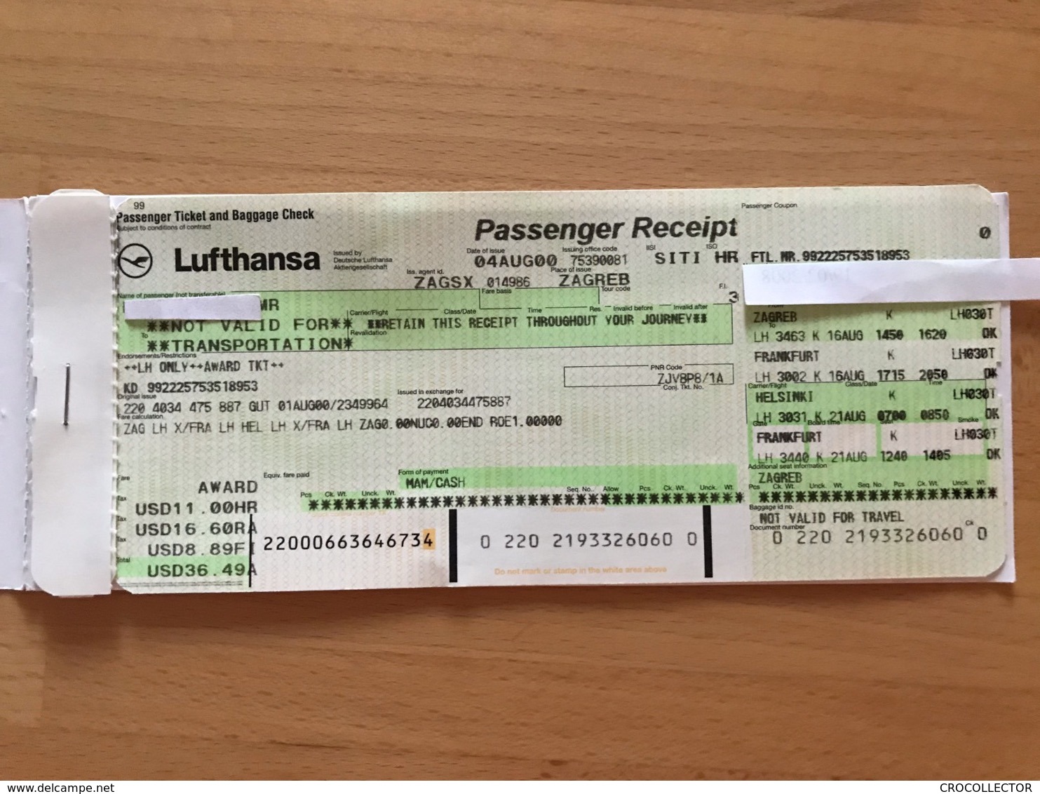 LUFTHANSA AWARD TICKET 16AUG00 ZAGREB FRANKFURT HELSINKI FRANKFURT ZAGREB - Tickets