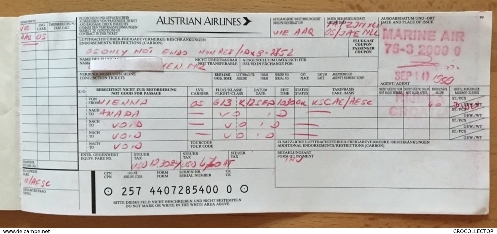 AUSTRIAN AIRLINES TICKET 12SEP99 VIENNA ANAPA - Biglietti