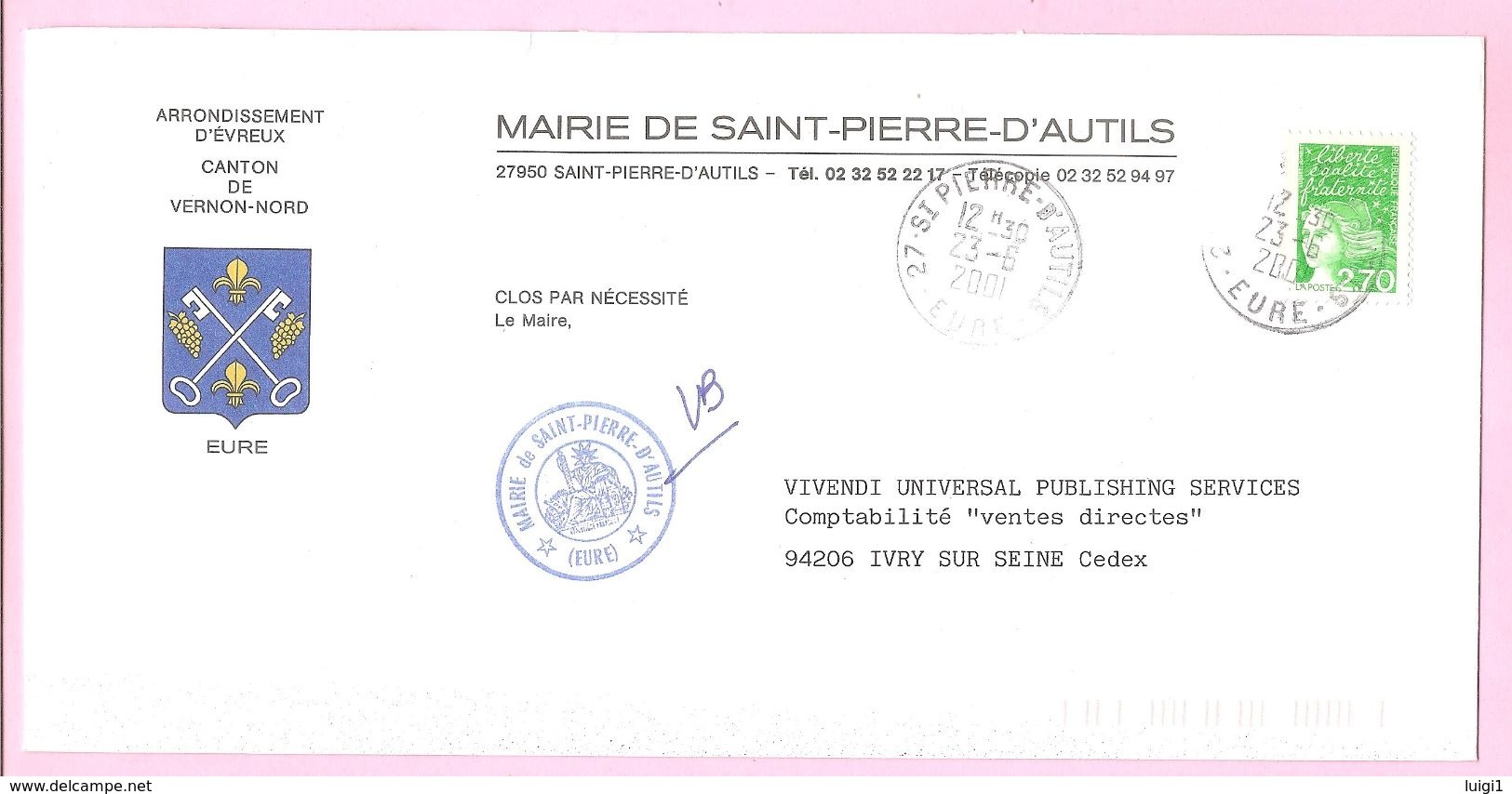 LUQUET  1997 - N°3091 - 2 F.70 . Vert Sur Lettre De Mairie 27950 SAINT-PIERRE-D'AUTILS. - 1997-2004 Marianne (14. Juli)