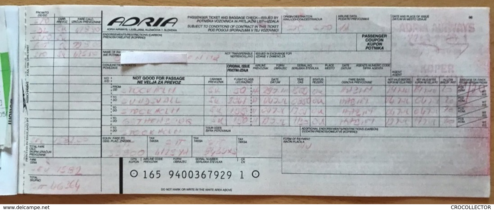 ADRIA AIRWAYS TICKET 29JUN99 STOCKHOLM SUNDSVALL STOCKHOLM GOTHENURG STOCKHOLM - Tickets