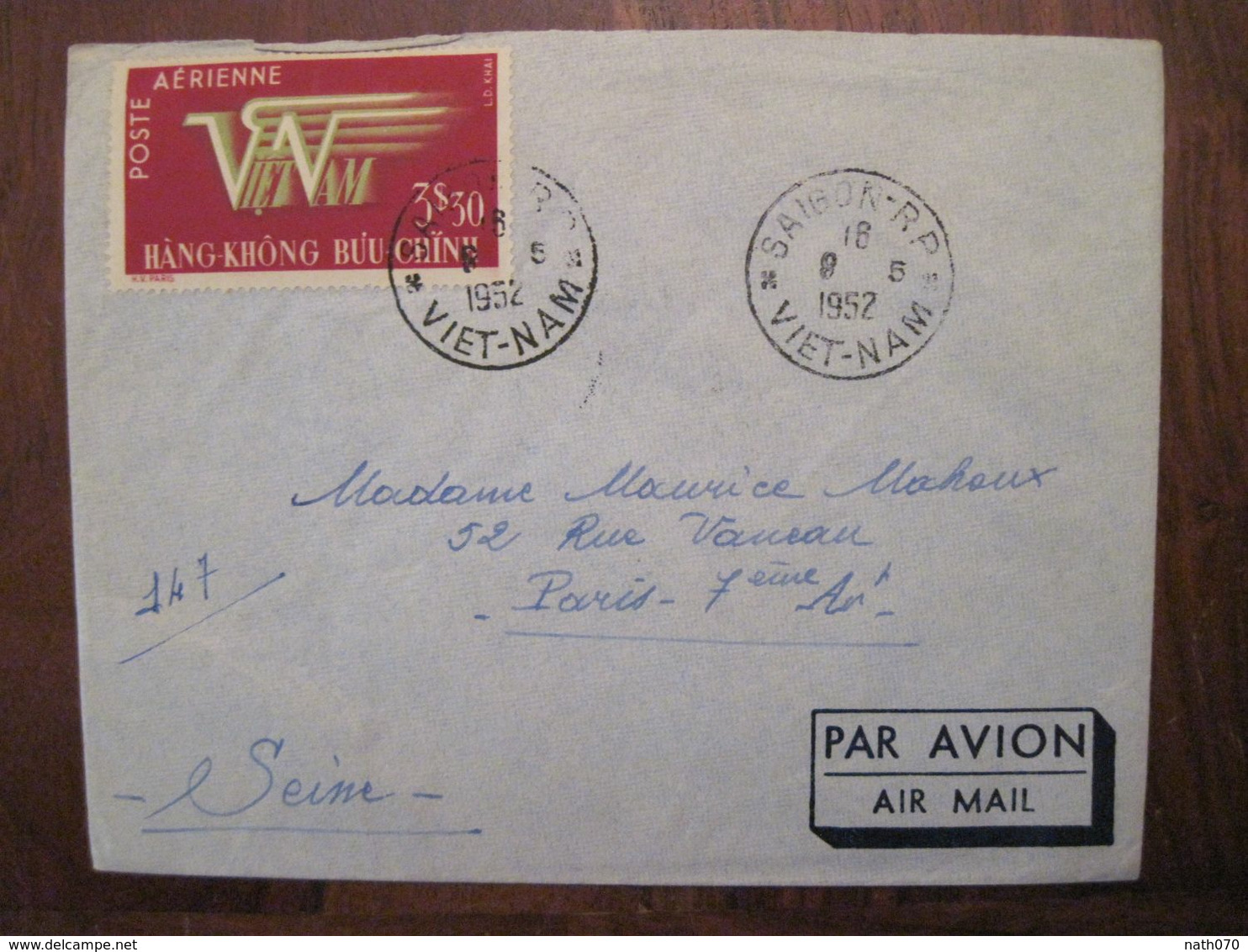 Viet Nam 1952 France Saigon Indo Chine Enveloppe Cover Air Mail Indochine Vietnam Par Avion Colonie - Viêt-Nam