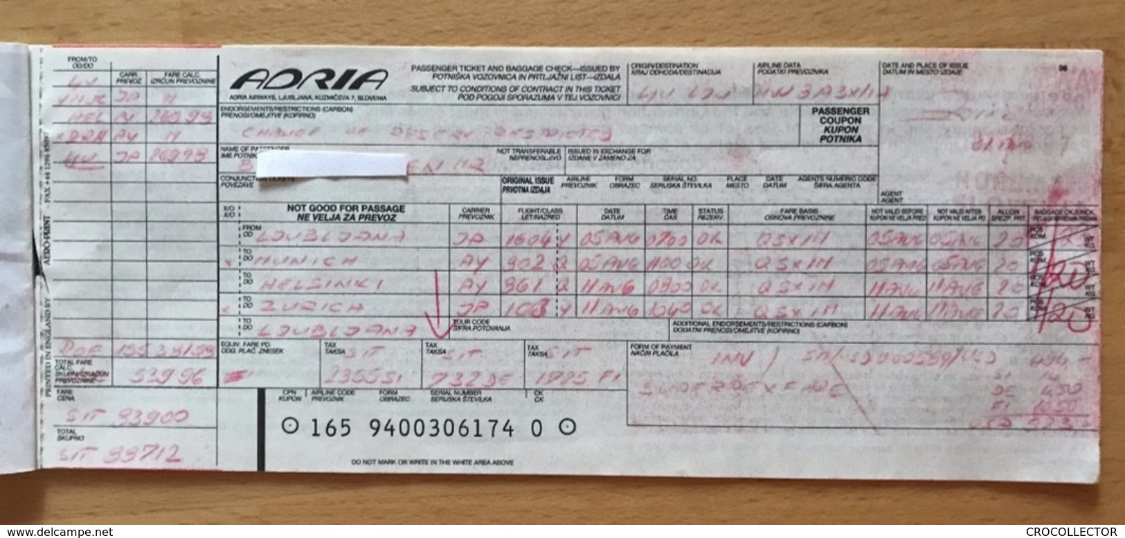 ADRIA AIRWAYS TICKET 05AUG97 LJUBLJANA MUNICH HELSINKI ZURICH LJUBLJANA - Tickets