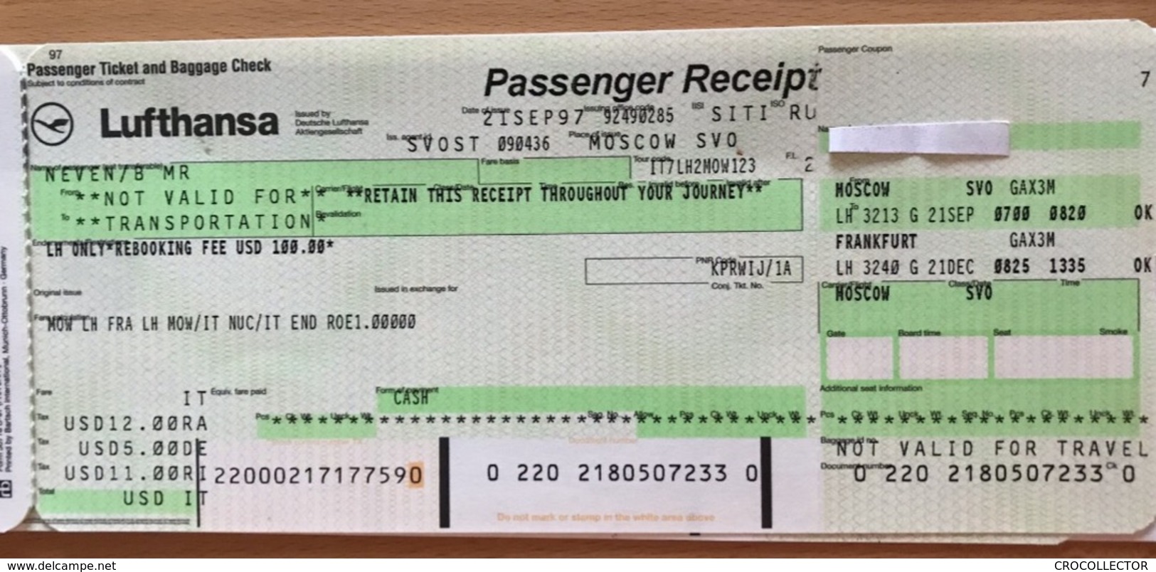 LUFTHANSA TICKET 21SEP97  MOSCOW FRANKFURT MOSCOW - RETURN NOT FLOWN - Tickets