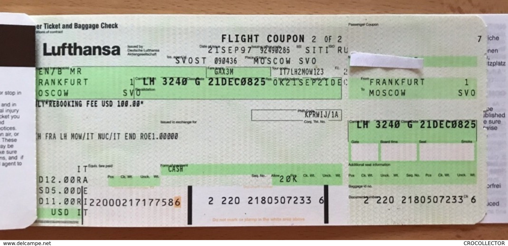 LUFTHANSA TICKET 21SEP97  MOSCOW FRANKFURT MOSCOW - RETURN NOT FLOWN - Tickets