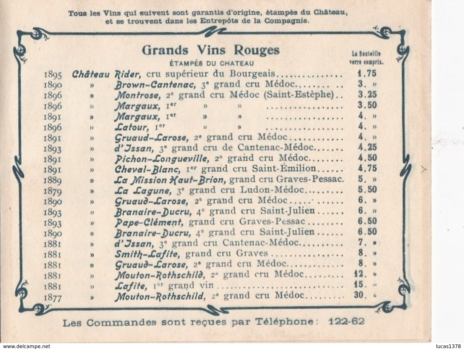 EXCEPTIONNEL TARIFS GRANDS CRUS BORDEAUX 1877 A 1896 !!! CIE GENERALE DES BORDEAUX AUTHENTIQUES !! - Alcohols