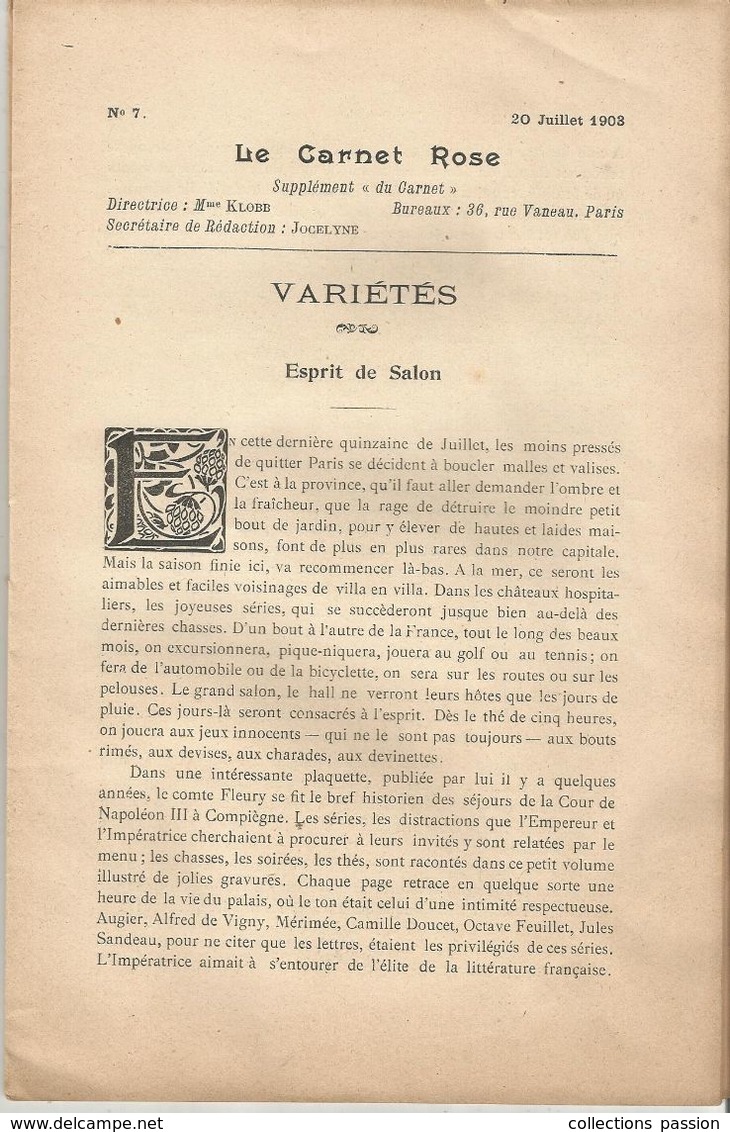 Revue , Mensuel N° 7 ,20 Juillet 1903 , LE CARNET ROSE ,16 Pages ,5 Scans  ,frais Fr : 2.55 E - 1900 - 1949