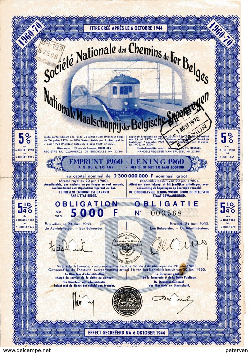 SNCB - NMBS: Obligation - Obligatie De/van 5000 F (1960) - Chemin De Fer & Tramway