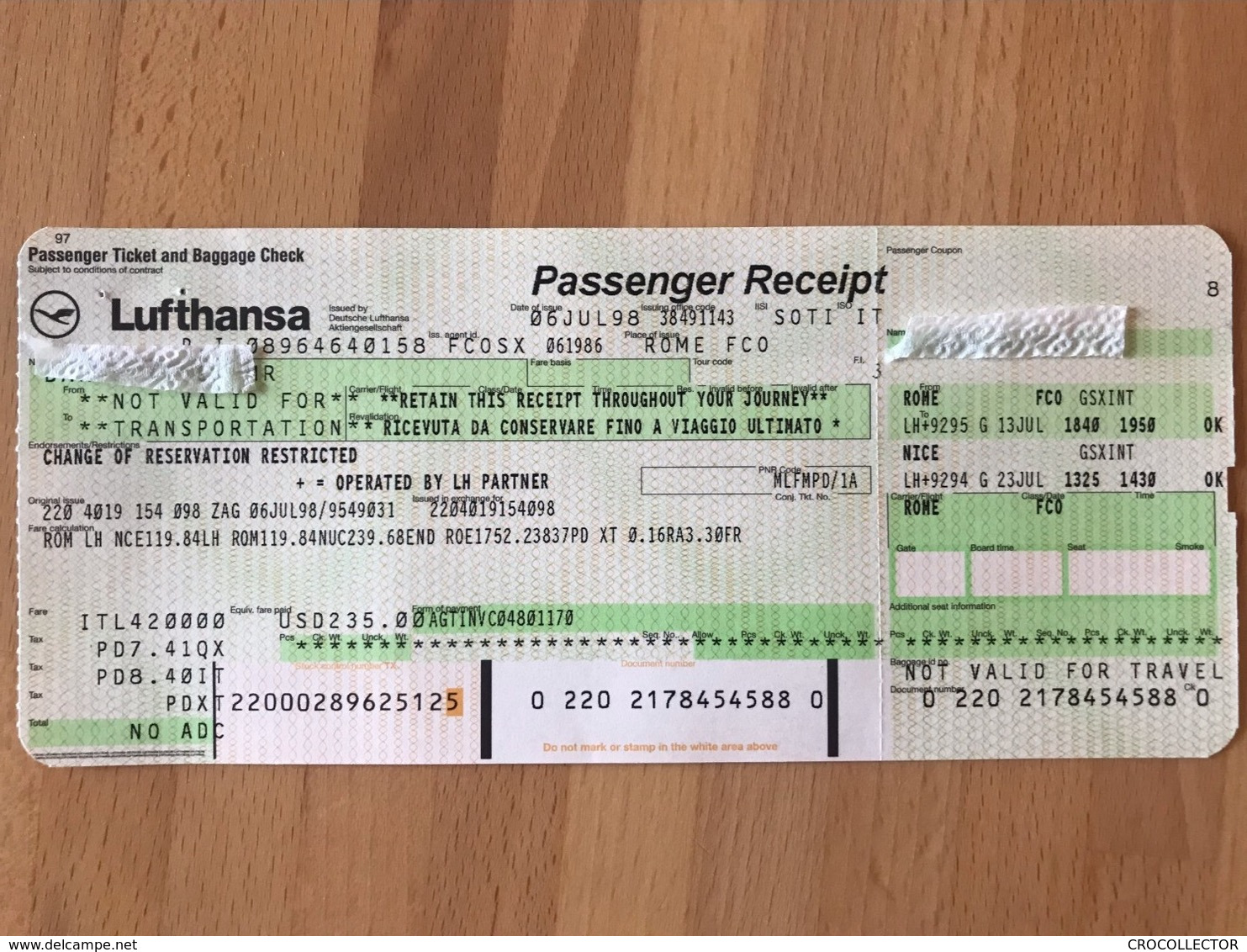 LUFTHANSA TICKET 13JUL98 ROME NICE ROME - Billetes