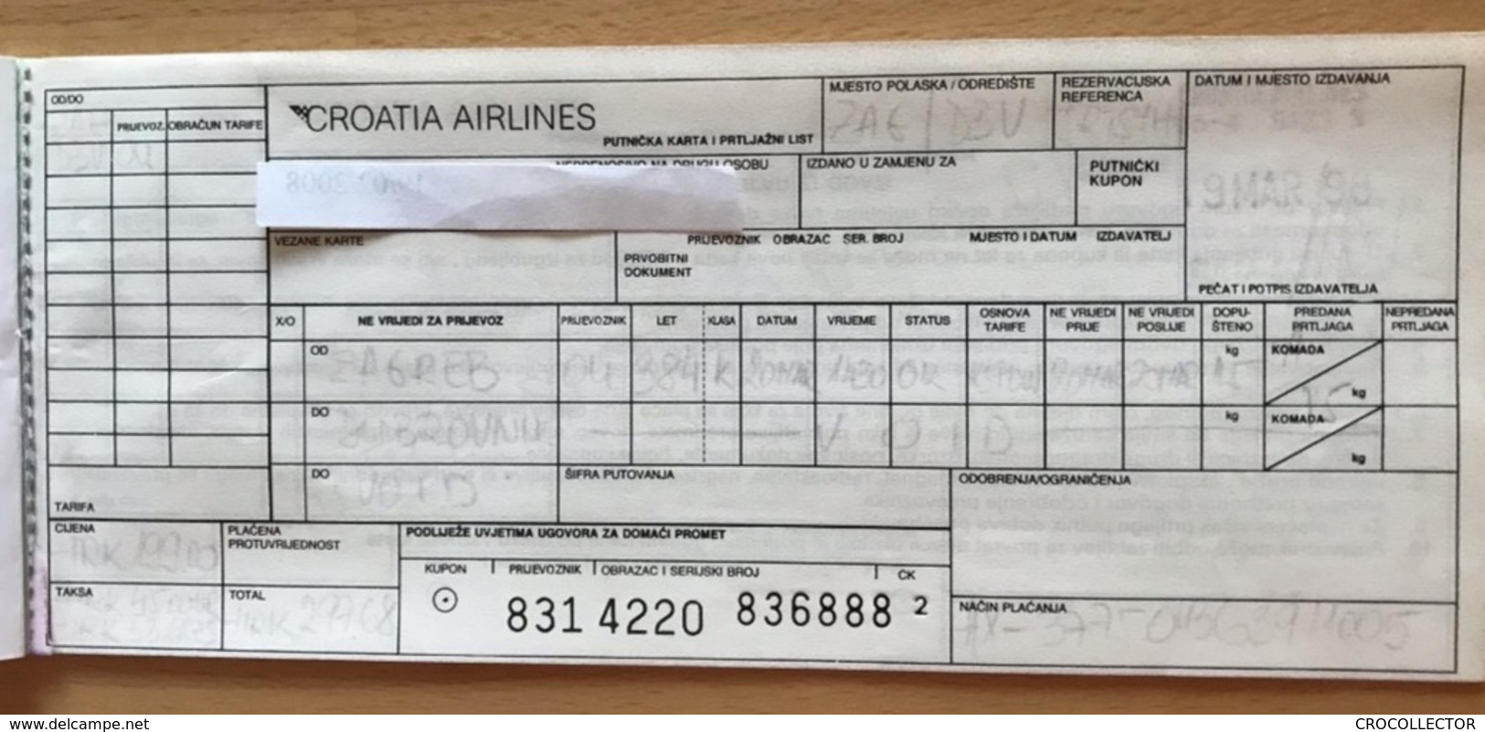 CROATIA AIRLINES TICKET 20MAR98 ZAGREB DUBROVNIK - Billetes