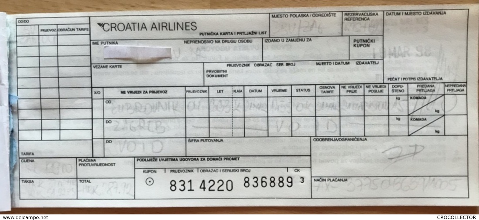 CROATIA AIRLINES TICKET 21MAR98 DUBROVNIK ZAGREB - Tickets