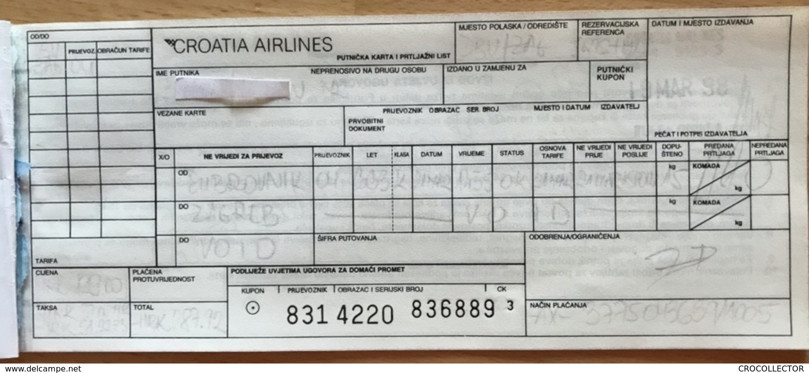 CROATIA AIRLINES TICKET 21MAR98 DUBROVNIK ZAGREB - Biglietti