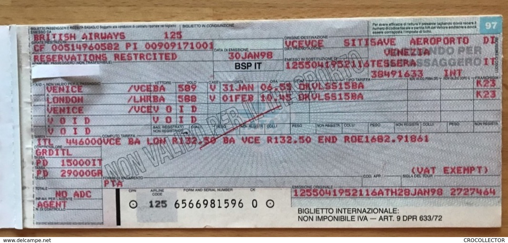 BRITISH AIRWAYS TICKET 31JAN98 VENICE LONDON VENICE - Tickets