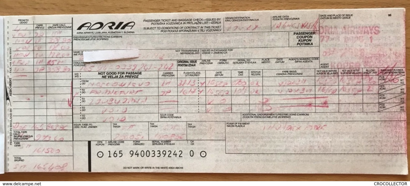 ADRIA AIRWAYS TICKET 16SEP98 MOSCOW FRANKFURT LJUBLJANA - Biglietti