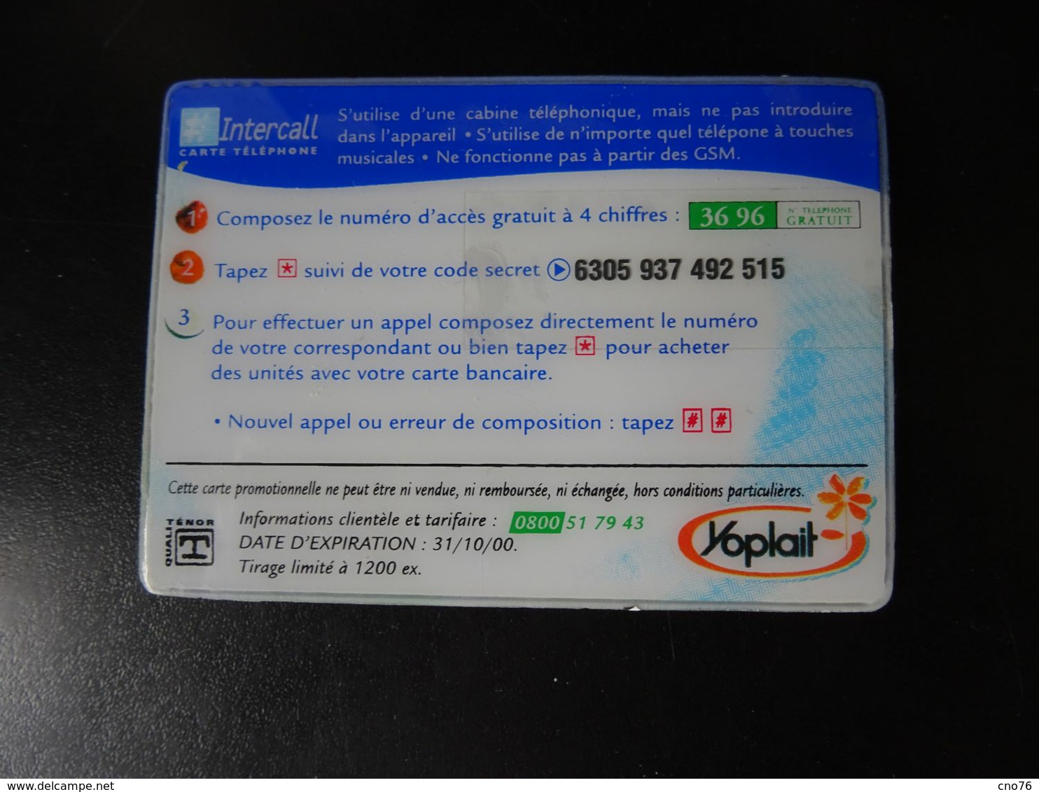 Yoplait Carte Téléphone Promotionnelle 30 Minutes Prépayées 1200 Exp Octobre 2000 "EN 2000 YOPLAIT JOUE CARTE INOVATION" - Autres & Non Classés