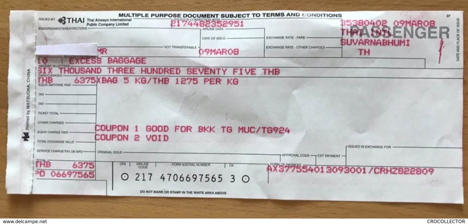 THAI AIRWAYS EXCESS BAGGAGE TICKET 09MAR08 BANGKOK MUNICH - Biglietti