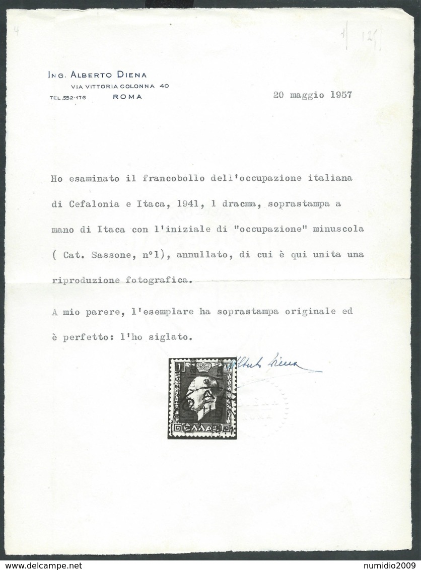 1941 ITACA USATO EFFIGIE GIORGIO II 1 D CERTIFICATO DIENA - RB47 - Cefalonia & Itaca