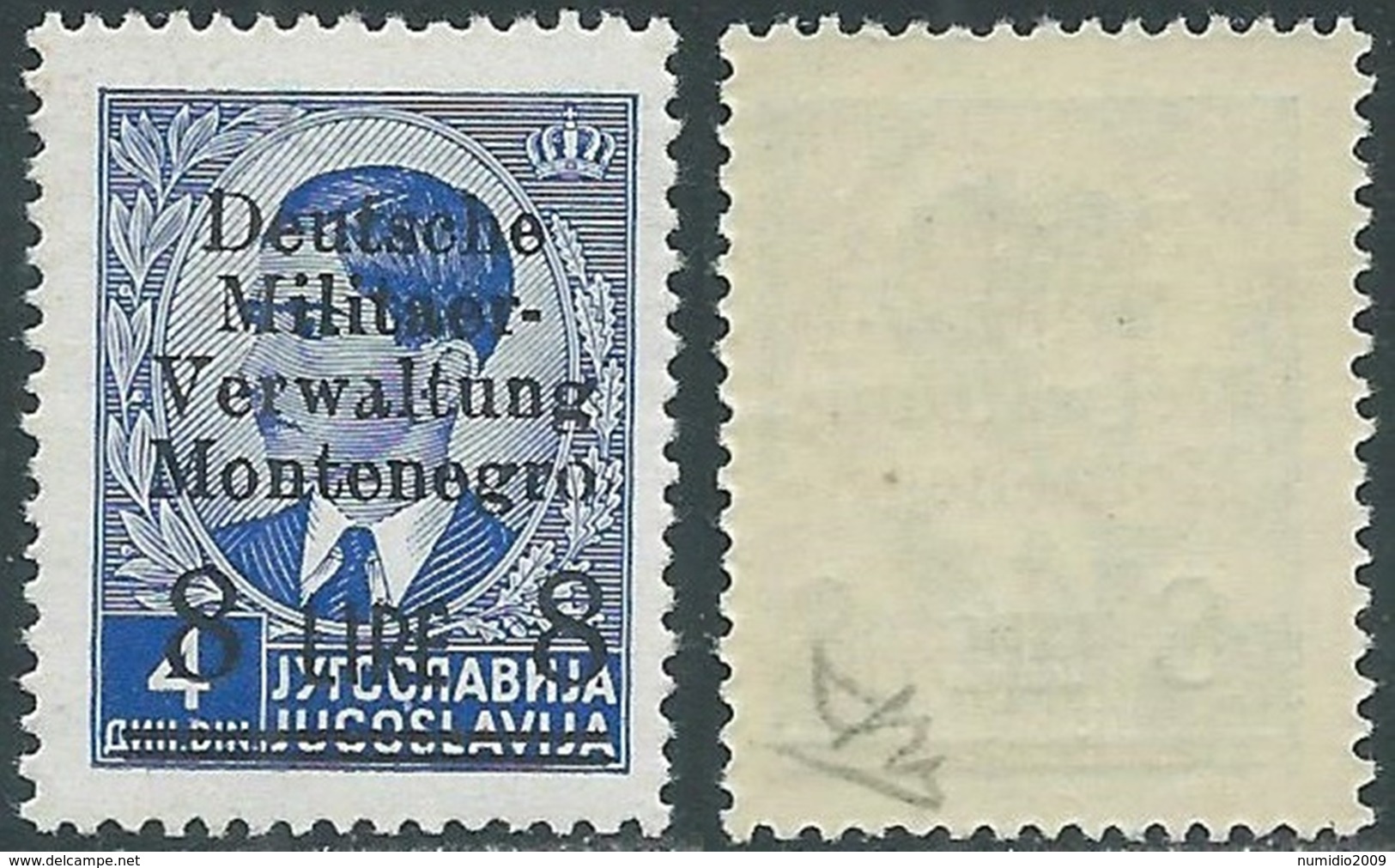 1943 OCCUPAZIONE TEDESCA MONTENEGRO CETTIGNE 8 LIRE SU 4 D MNH ** - RB41-4 - Deutsche Bes.: Montenegro