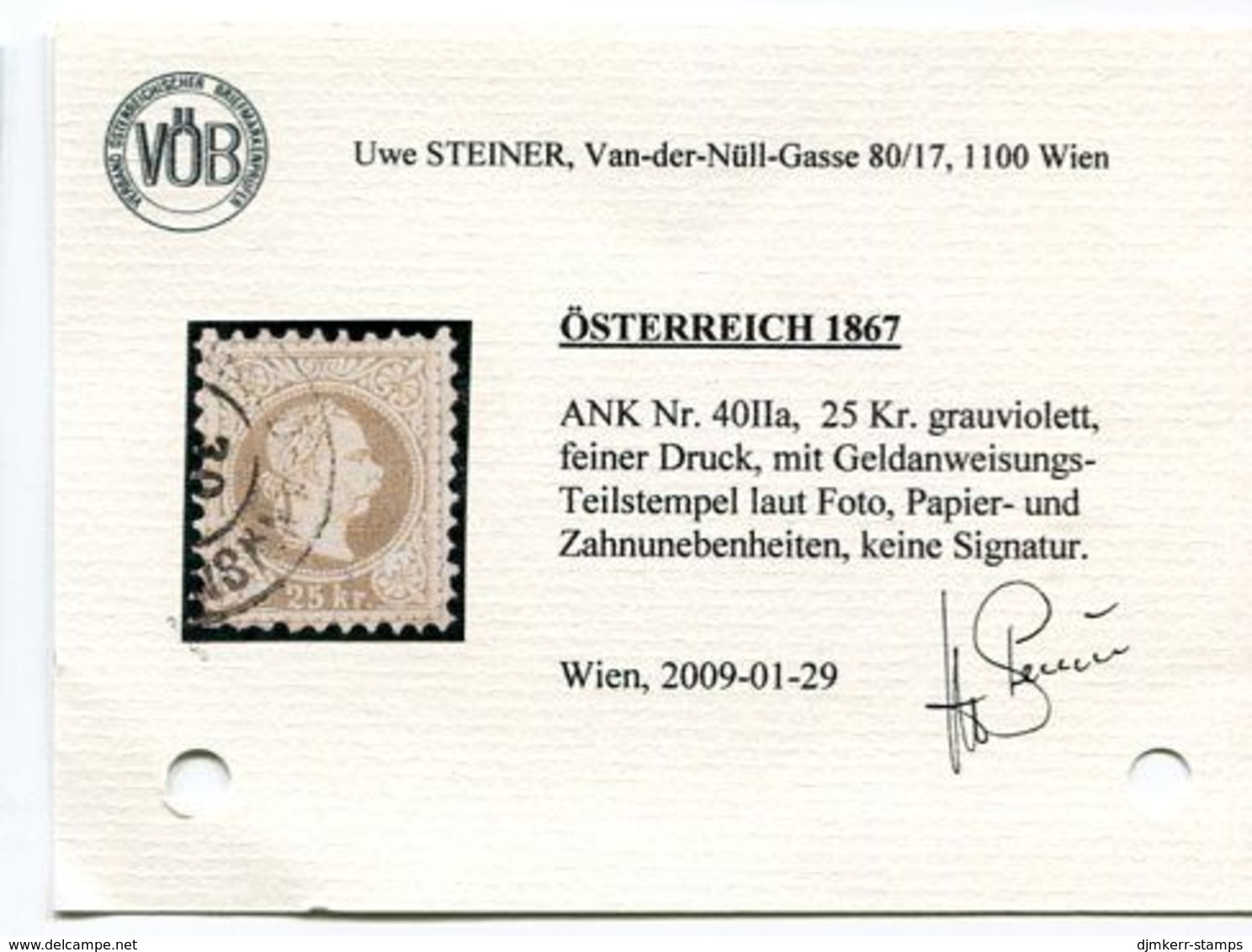 AUSTRIA 1874 Franz Joseph 25 Kr. Fine Print, Used.  Michel 40 II A.  Steiner Short Certificate. - Oblitérés