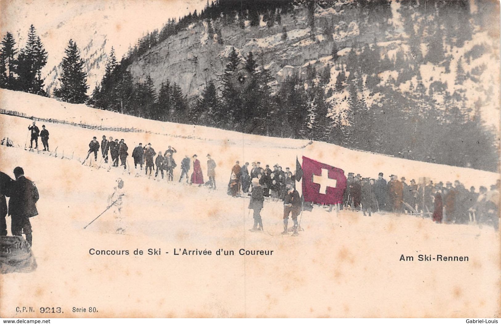 Concours De Ski - L'Arrivée D'un Coureur - Am Ski-Rennen - Drapeau Suisse - Sport D'Hiver - - Port