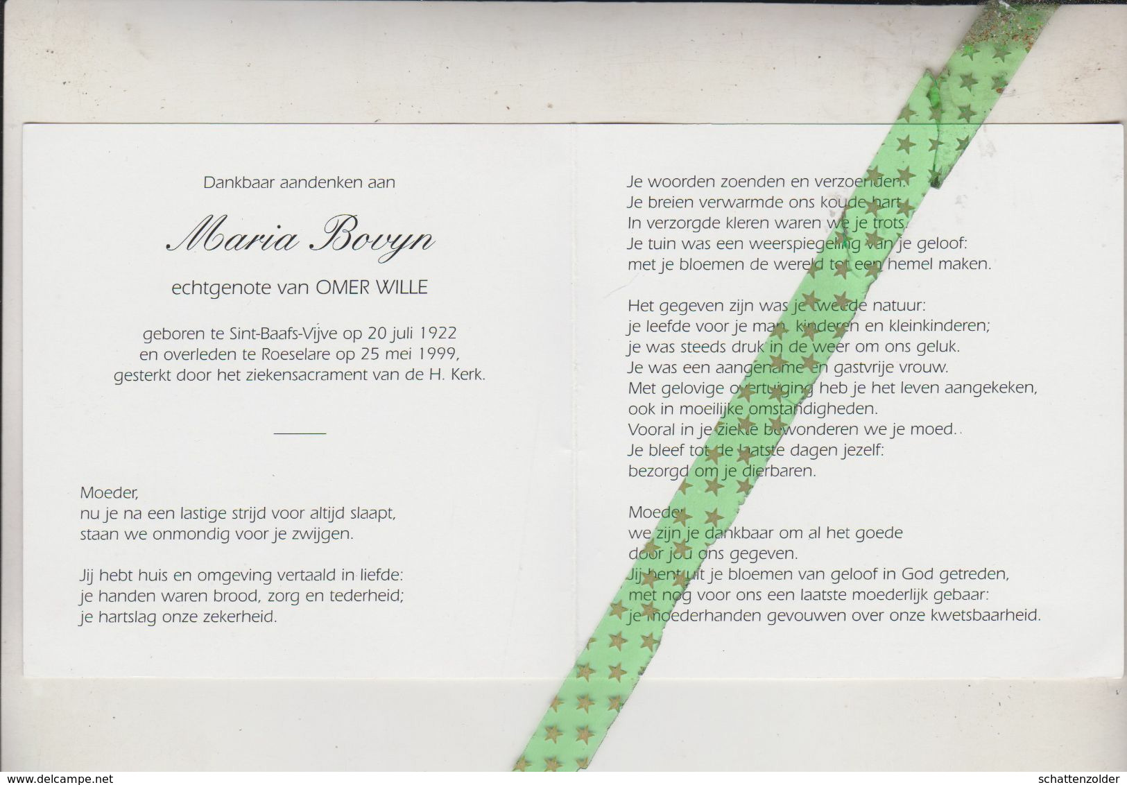 Maria Bovyn-Wille, Sint-Baafs-Vijve 1922, Roeselare 1999 - Obituary Notices