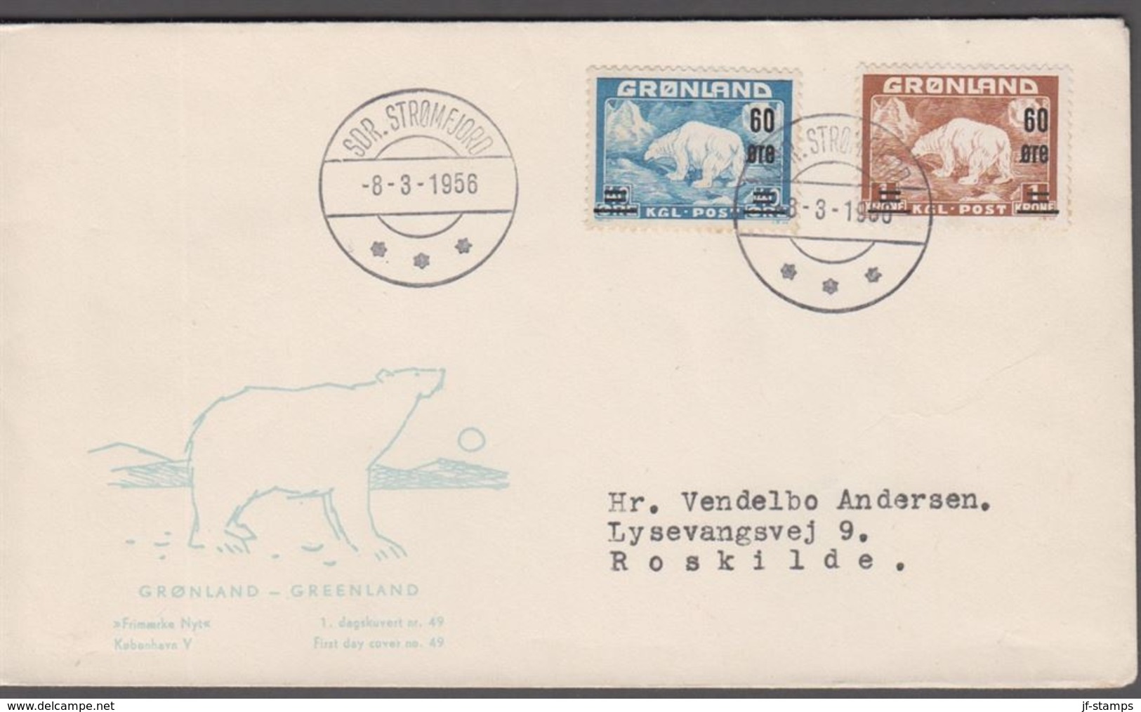 1956. GRØNLAND. Surcharge Complete Set On FDC. __SDR. STRØMFJORD -8-3-1956. Polar Bea... (Michel 37-38) - JF365117 - Lettres & Documents