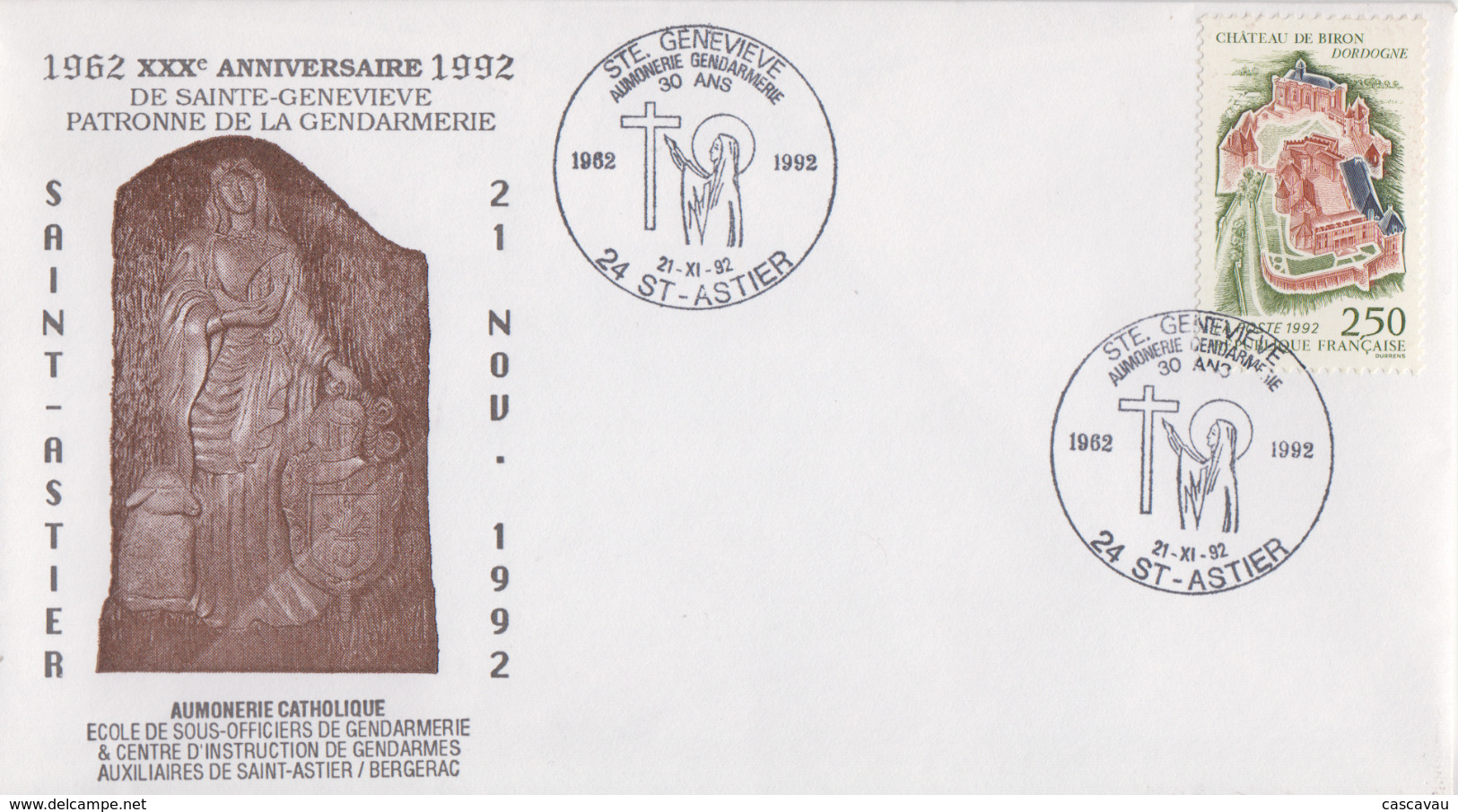 Enveloppe  FRANCE  30éme  Anniversaire  SAINTE  GENEVIEVE  Aumonerie  De  La   GENDARMERIE     SAINT  ASTIER   1992 - Police - Gendarmerie