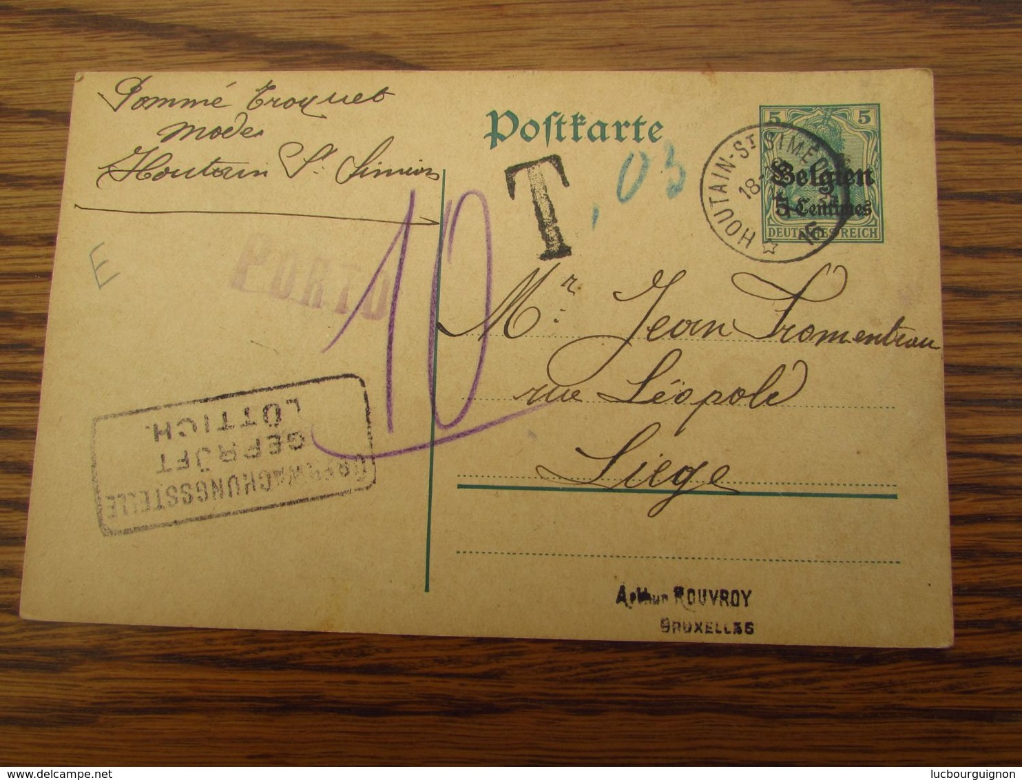 14-18: Entier Postal à 5 Cent Oblitéré Du RELAIS De HOUTAIN-ST-SIMEON En 1916. Taxée (porto) + Censure Luttich - Bolli A Stelle