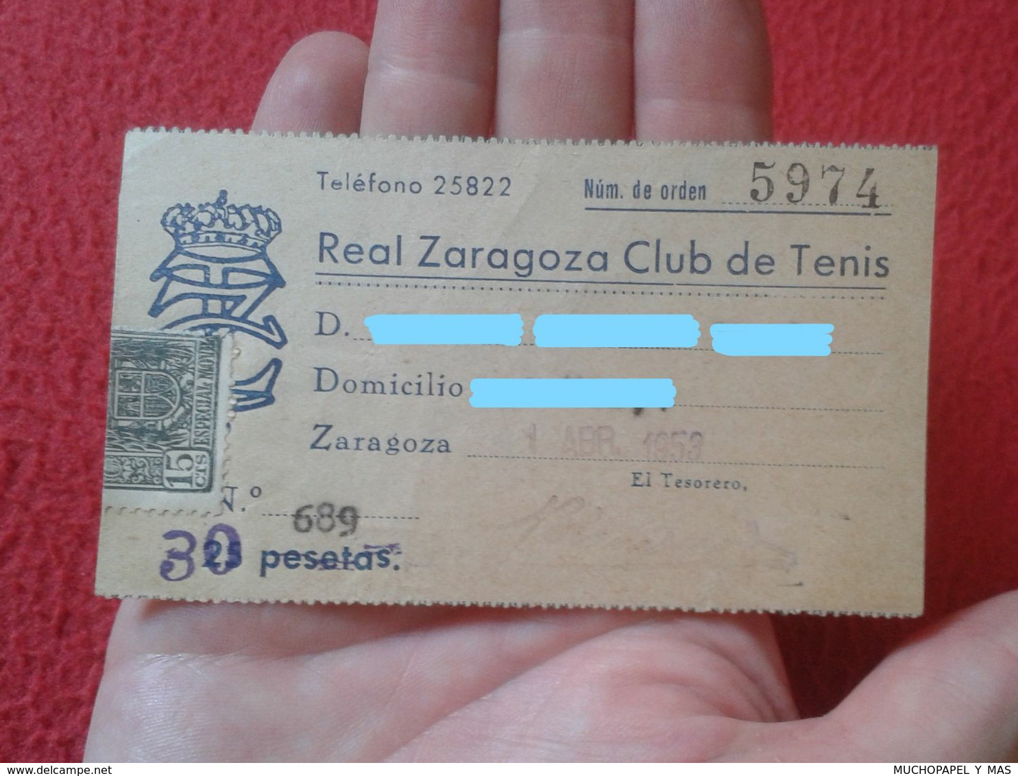 SPAIN ANTIGUO RESGUARDO CUOTA OLD TICKET O SIMIL REAL ZARAGOZA CLUB DE TENIS TENNIS CON TIMBRE SELLO 1953 VER FOTO/S.... - Autres & Non Classés