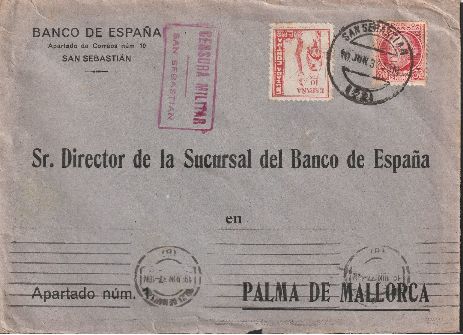 1932-CARTA-Edifil: 687, CRUZADA CONTRA EL FRIO. BARCELONA A PALMA. Censuras Y Llegada - Briefe U. Dokumente