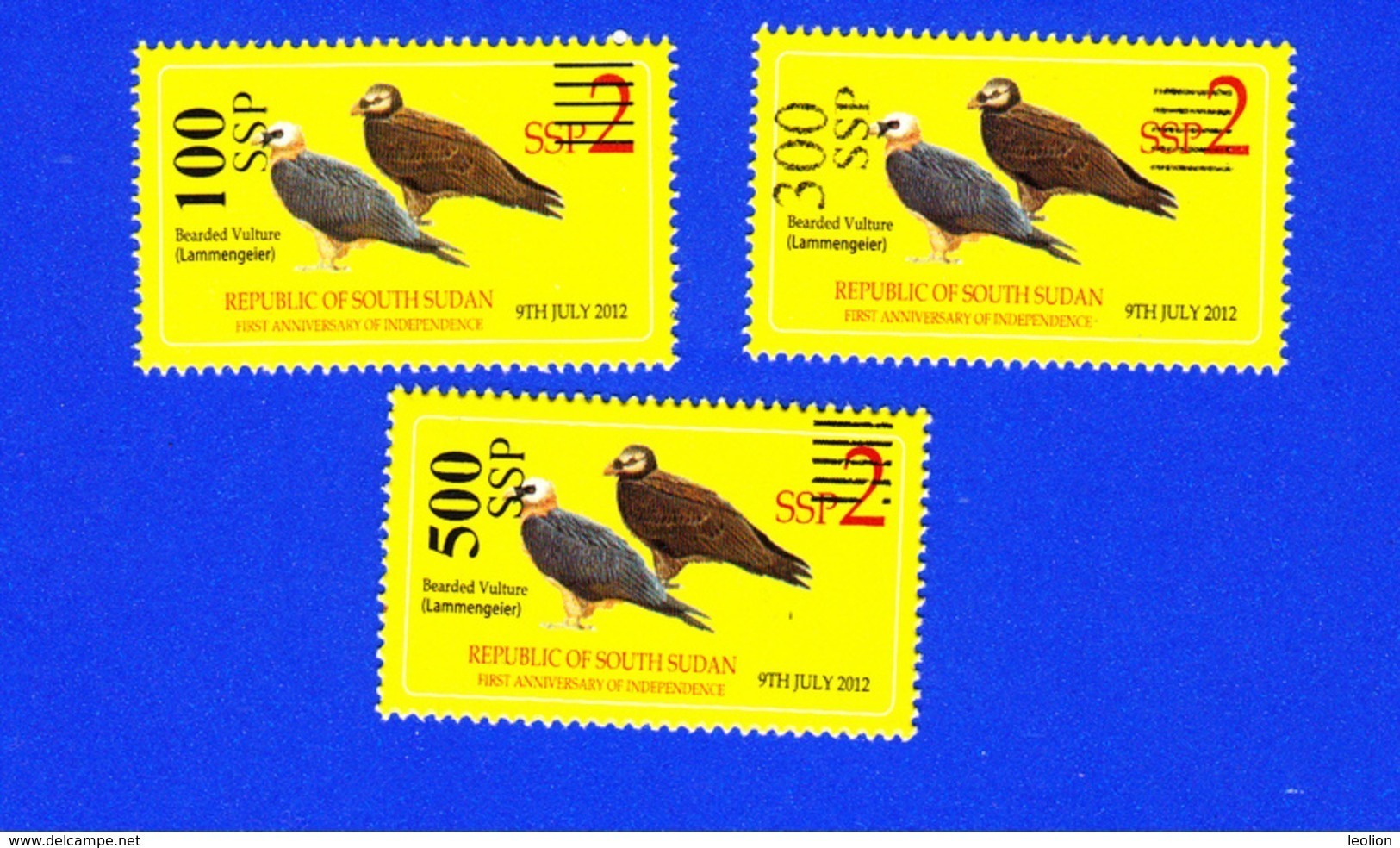 SOUTH SUDAN Stamps Unissued Proof Short Set Overprint On 2 SSP Birds Bearded Vulture Südsudan Soudan Du Sud - Südsudan