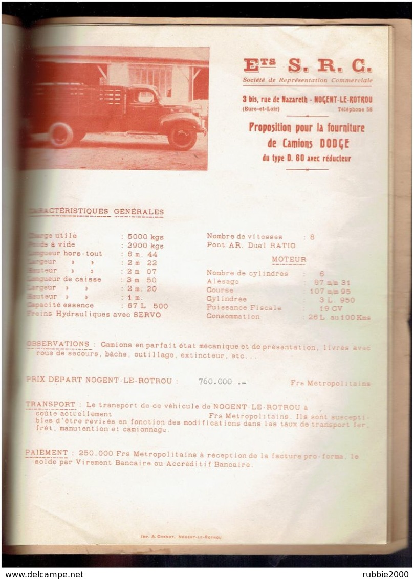 PLAQUETTE PUBLICITAIRE SRC DE NOGENT LE ROTROU  VENTE CAMION FORD DODGE FARGO CHRISLER CITROEN ET AUTOBUS COLONIAL FORD - LKW