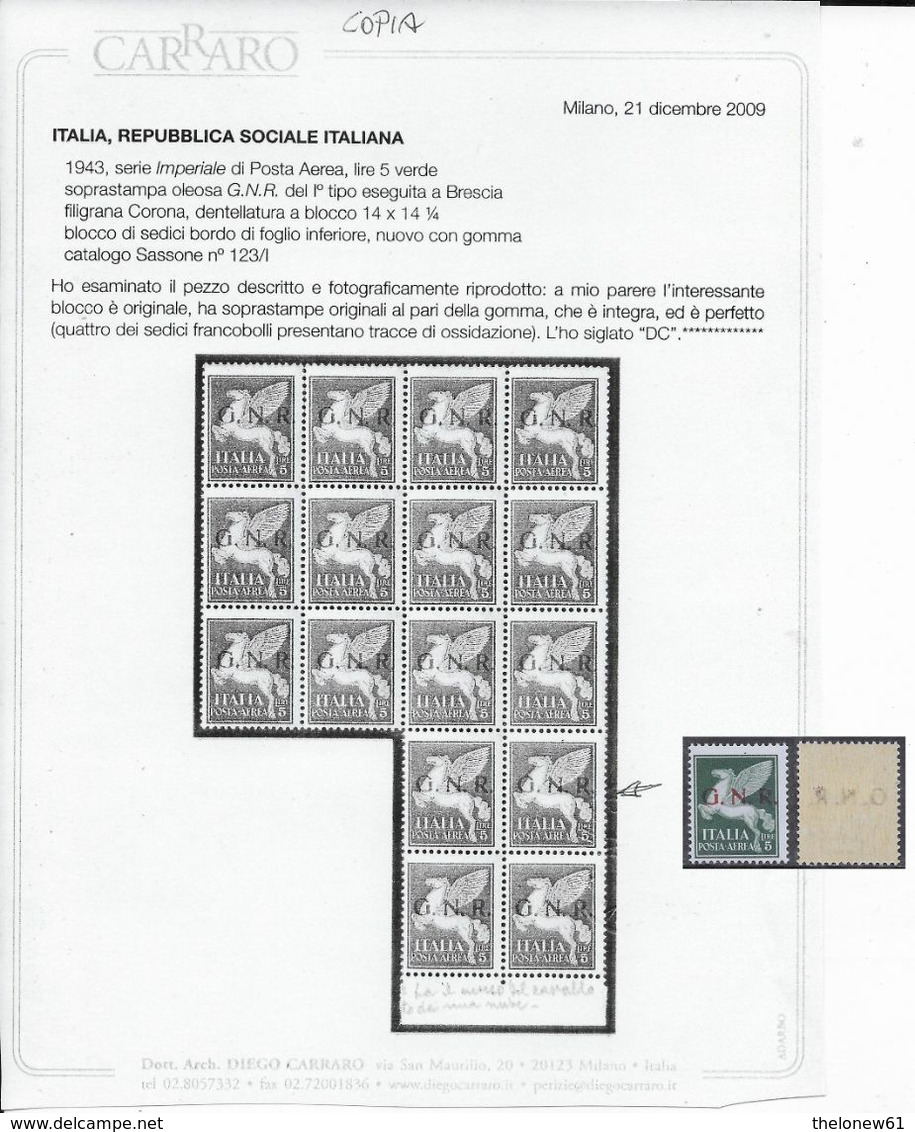 Italia Italy 1944 RSI GNR Aerea 1 Tipo L5 Brescia Copia Certificato Carraro Sa N.A123/I Nuovo Integro MNH ** - Airmail