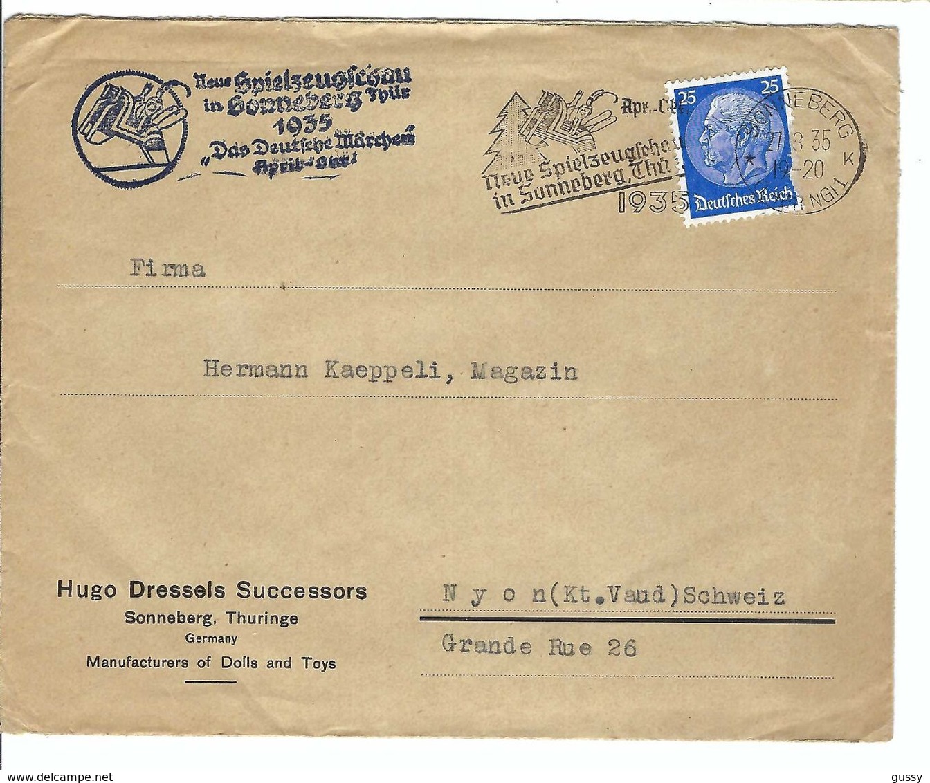 ALLEMAGNE 1935: LSC  De Sonneberg Pour Nyon (Suisse) Affr. De 25 Pf. Avec Obl. CAD - Covers & Documents