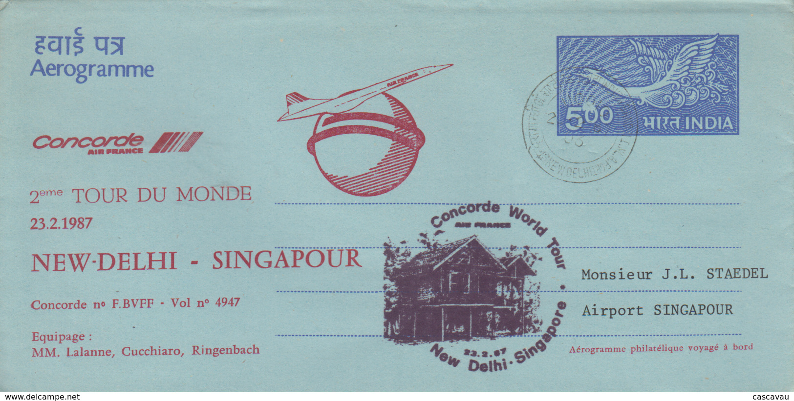 Aérogramme   CONCORDE   2éme   Tour  Du  MONDE   NEW  DELHI  - SINGAPOUR   1987 - Concorde