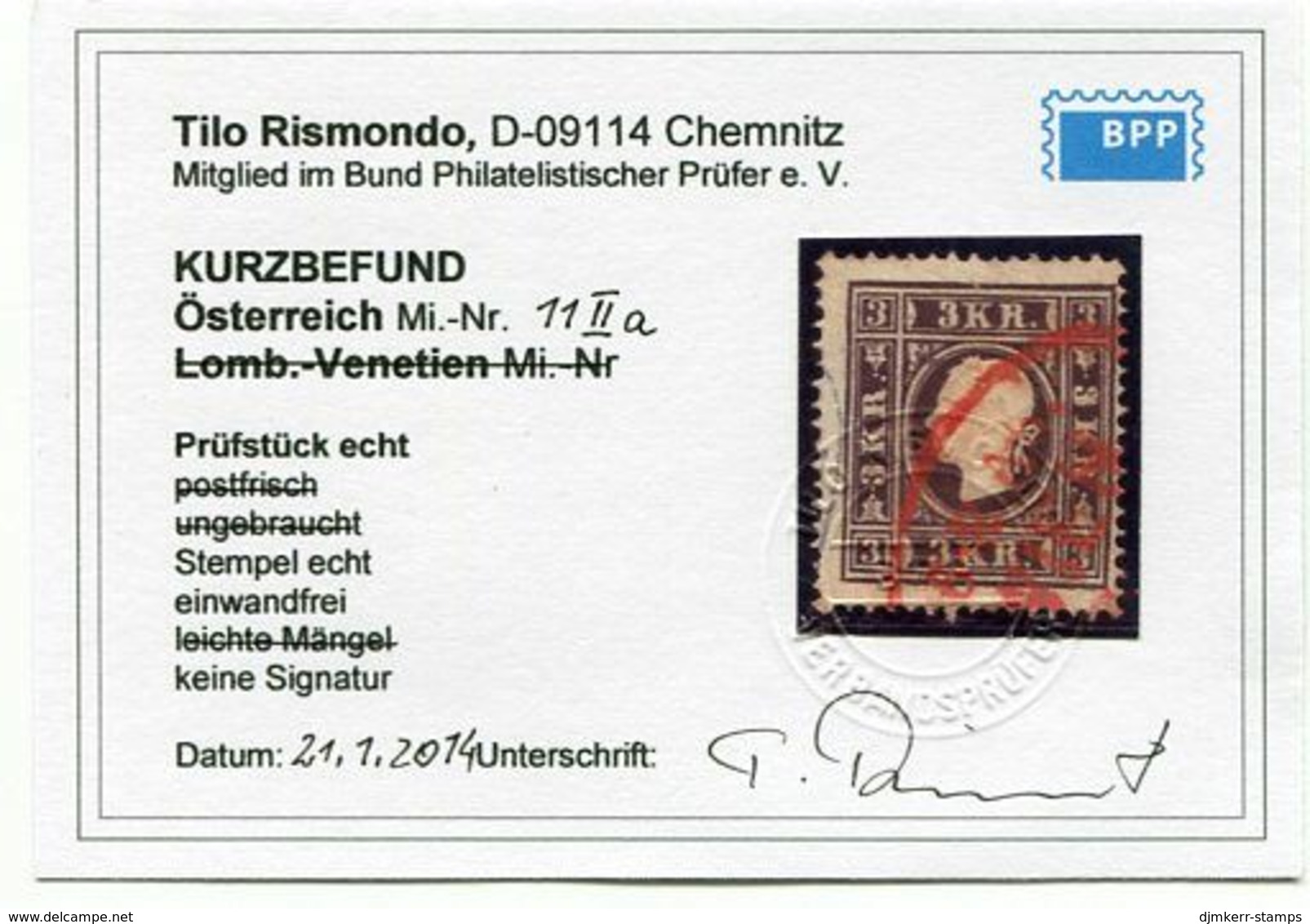 AUSTRIA 1859 Franz Joseph 3 Kr. Type II , Used.  Michel 11 IIa. Rismondo Short Certificate. - Gebraucht