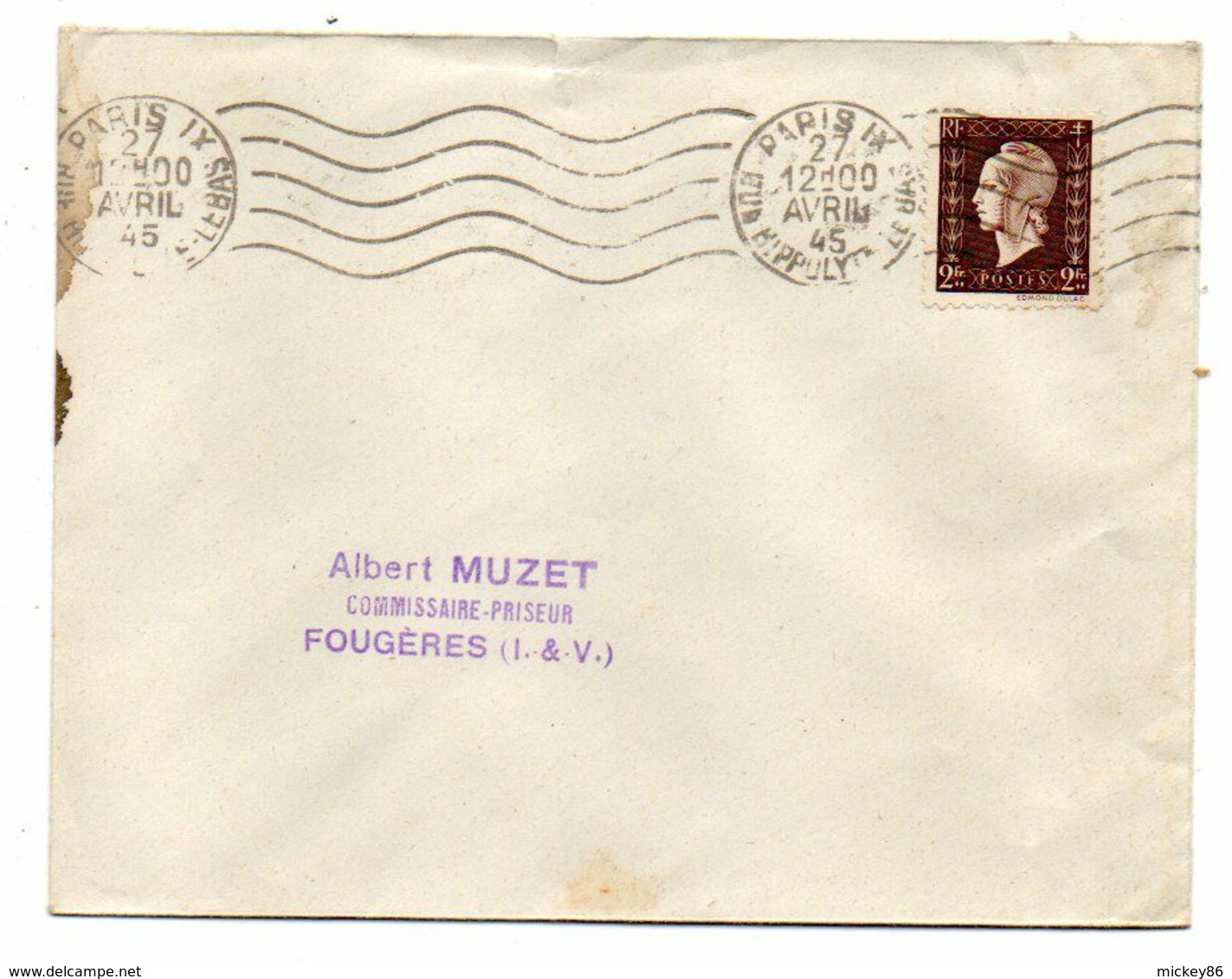 1945--Lettre De PARIS 9° Pour Fougères-35 --Marianne De DULAC 2F  Tp N° 694  Seul Sur Lettre..cachet  Krag - 1921-1960: Période Moderne