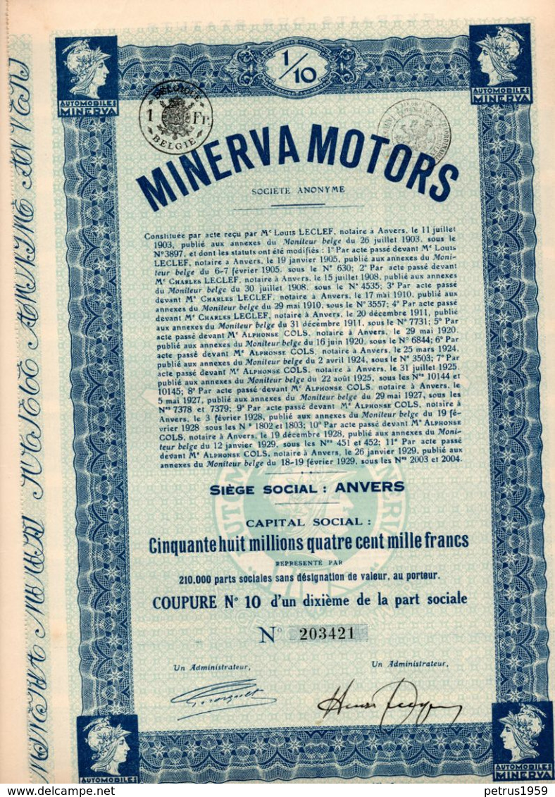 MINERVA MOTORS 1/10 AANDEEL ANTWERPEN - Automobile