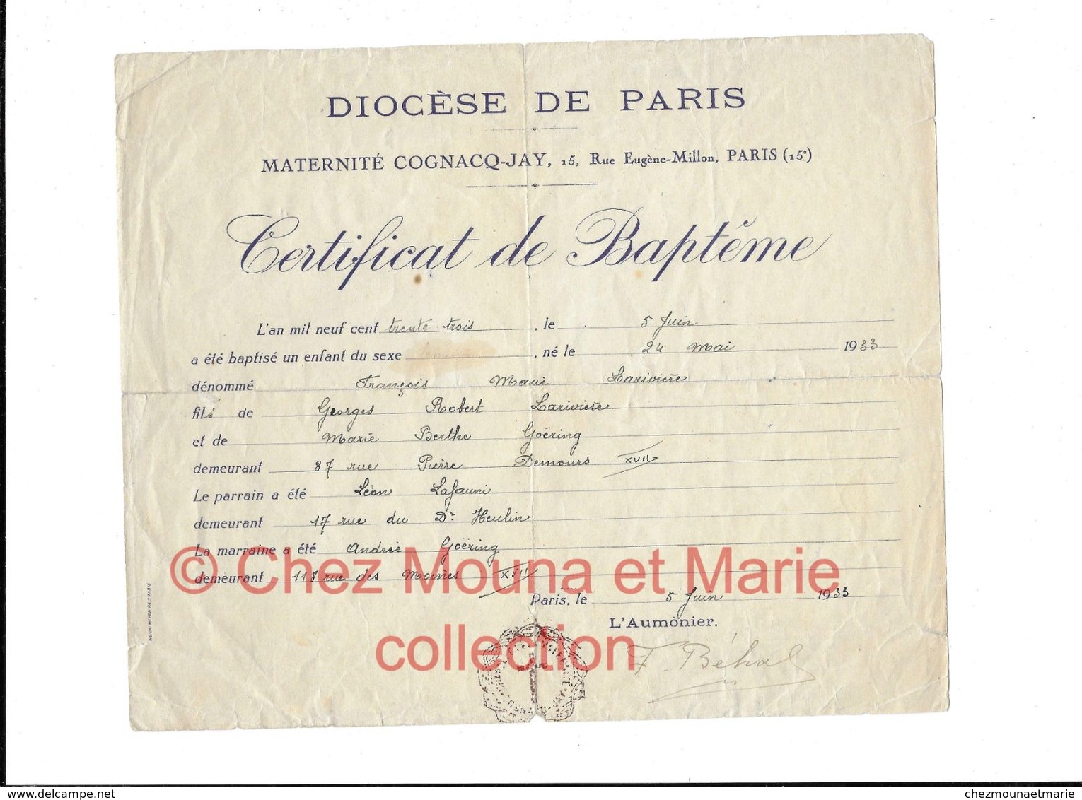 1933 FRANCOIS LARIVIERE FILS DE GEORGES ET MARIE GOERING DIOCESE PARIS MATERNITE COGNACQ JAY CERTIFICAT BAPTEME - Documents Historiques