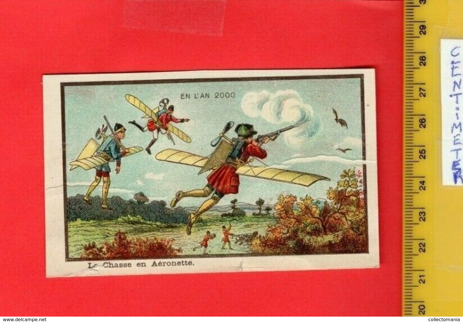 1 Trade Card Circa 1899 - Fantasy Future Year 2000, HUNTING By "drone" Humor, Fold - Chromo  Press Lithography S.F. - Vliegtuigen