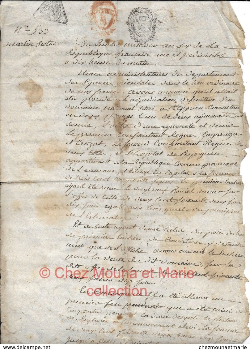 1798 ADMINISTRATEURS PYRENEES ORIENTALES ADJUDICATION DOMAINE NATIONAL A ST CYPRIEN POUR MARTIN SISTAC - Documents Historiques