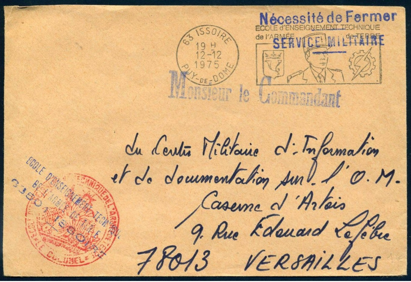 Ecole D'Enseignement Technique De L'Armée De Terre Franchise Flamme 63 Issoire 1975 Pour Versailles - Cachets Militaires A Partir De 1900 (hors Guerres)