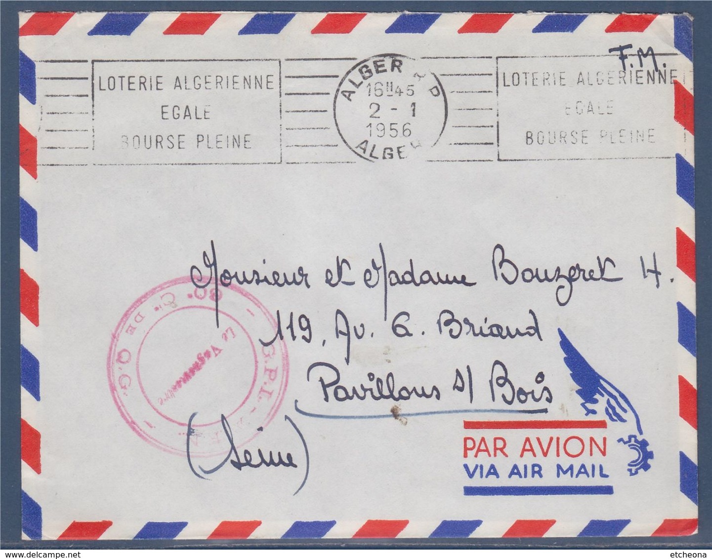 Enveloppe D'Alger 2.1.56 En Franchise Militaire GPI AFN - 60 ème Cie. De QG à Destination De Pavillon Sous Bois - Guerra De Argelia