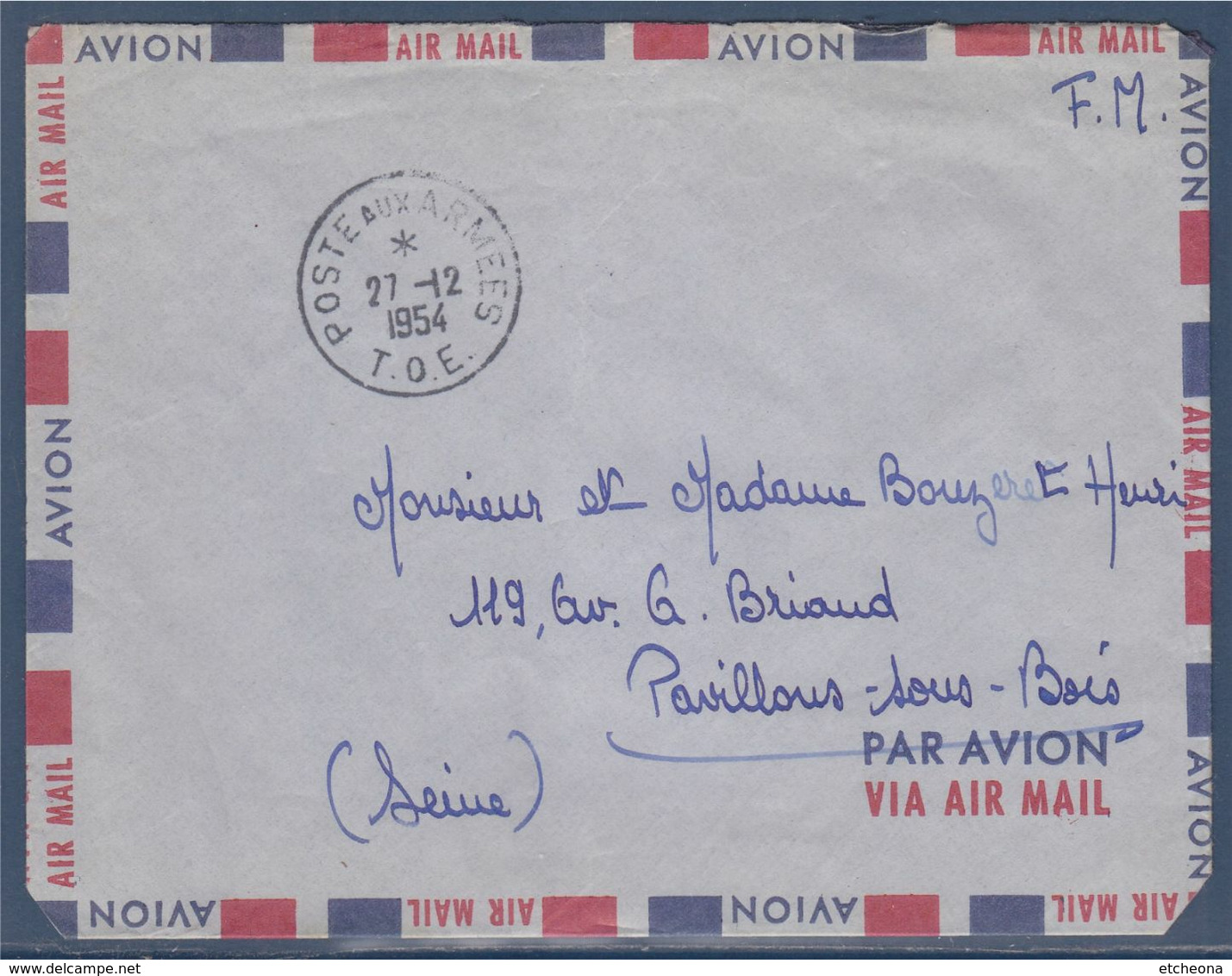 Enveloppe De Poste Aux Armées 27 12 54 T.O.E. SP 75.931 Franchise Militaire à Destination De Pavillon Sous Bois - Guerra De Argelia