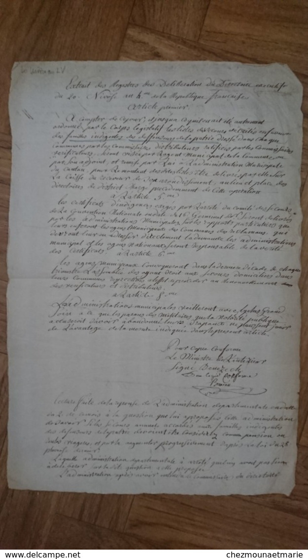 BENEZECH MINISTRE 1796 EXTRAIT REGISTRES DELIBERATIONS DIRECTOIRE EXECUTIF FAMILLES INDIGENTES DEFENSEURS DE LA PATRIE - Documents Historiques