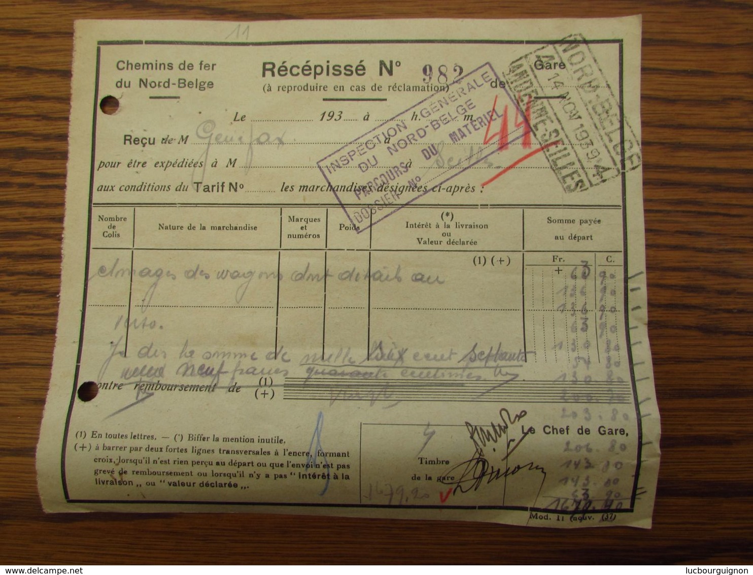 Document Récépissé De La LIGNE PRIVEE DU NORD BELGE Oblitéré Andenne-Seilles 4 En 1939 + Cachet Mauve De L'INSPECTION - Nord Belge