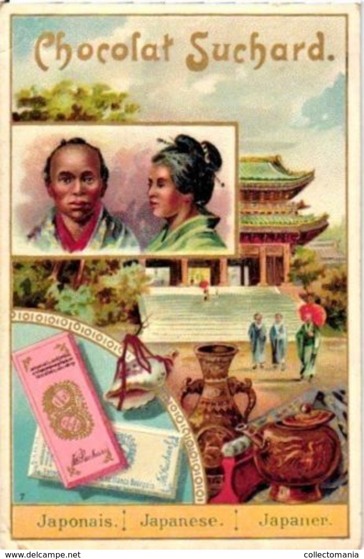 6 Chromo Litho Cards Chocolate SUCHARD Set64B C1898 Races Of Mankind Chinese Eskimos Sahara Philipnes Georgie - Suchard
