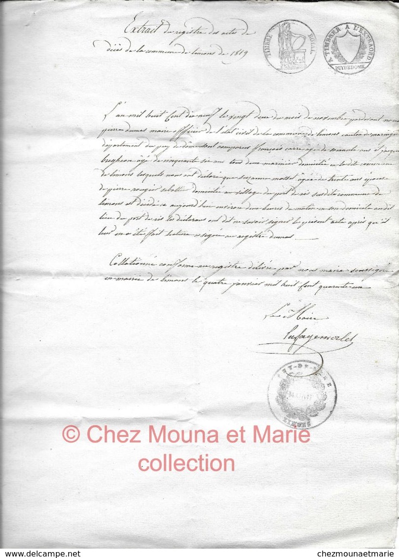 1841 LIMONS EXTRAIT REGISTRE DECES DE 1819 ACTE DE SUZANNE MASSET EPOUSE ROUGIER SABOTIER PUY DE DOME - Documents Historiques