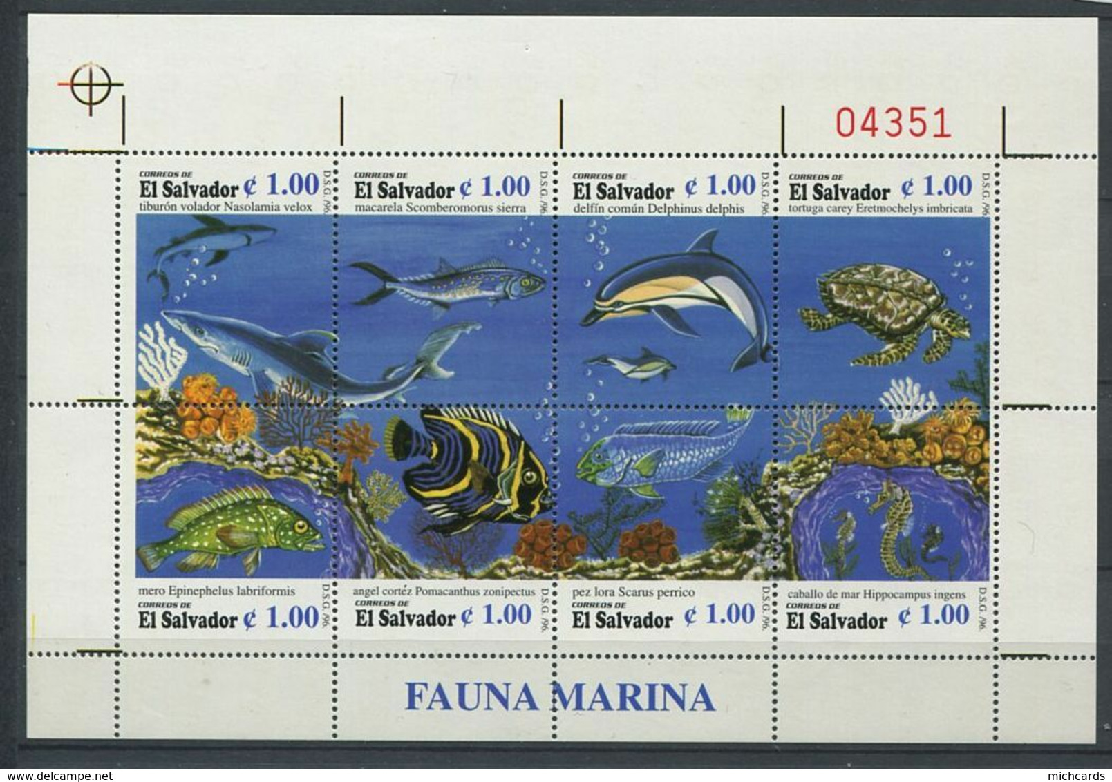 269 - SALVADOR 1996 - Yvert 1299/306 En Feuille - Poisson Tortue Mammifere Marin - Neuf ** (MNH) Sans Trace De Charniere - El Salvador