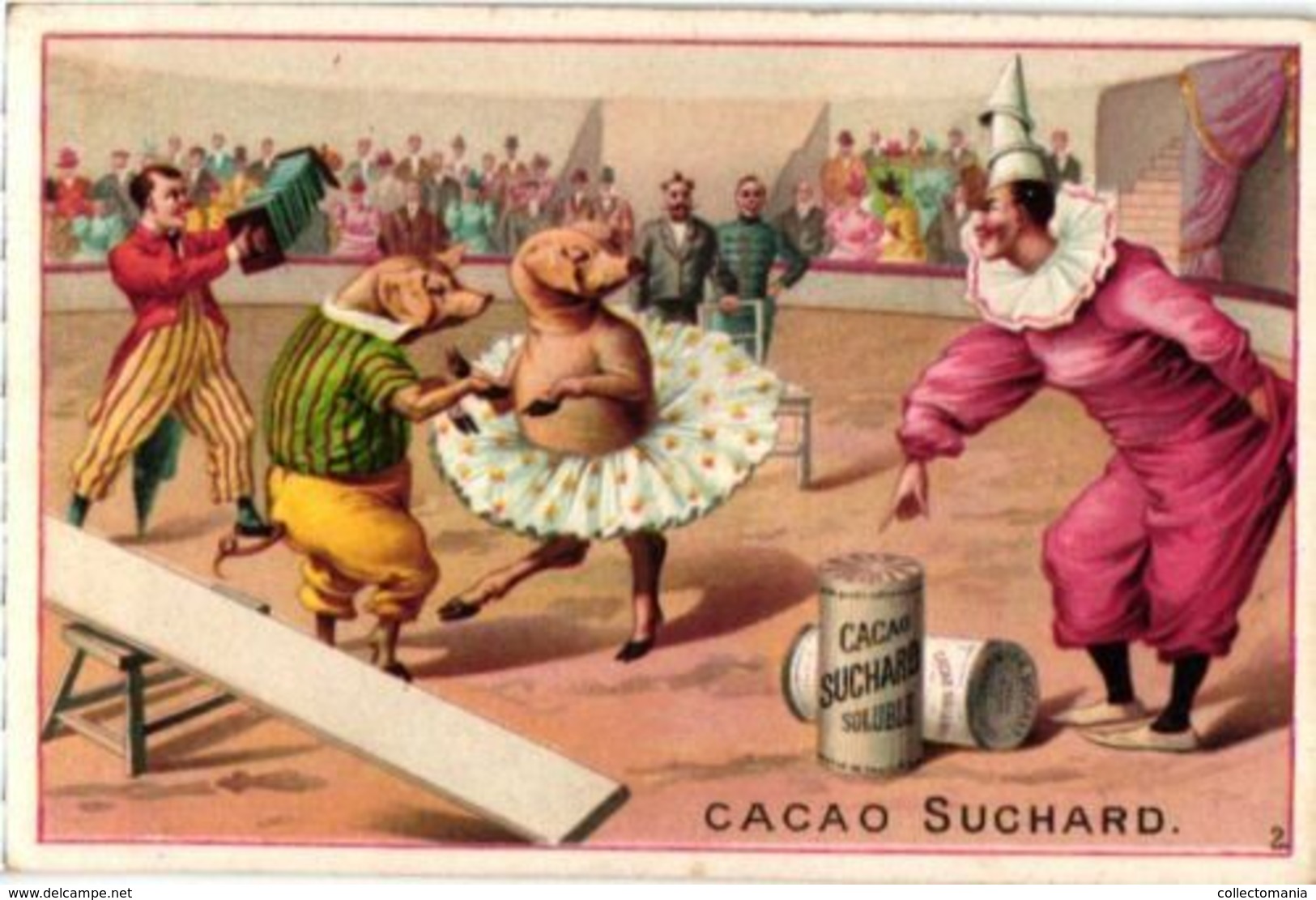 6 Chromo Litho Cards Advertising Swiss Chocolate SUCHARD Set68A C1898 Circus Scenes Pigs Clowns Horses Manege - Suchard